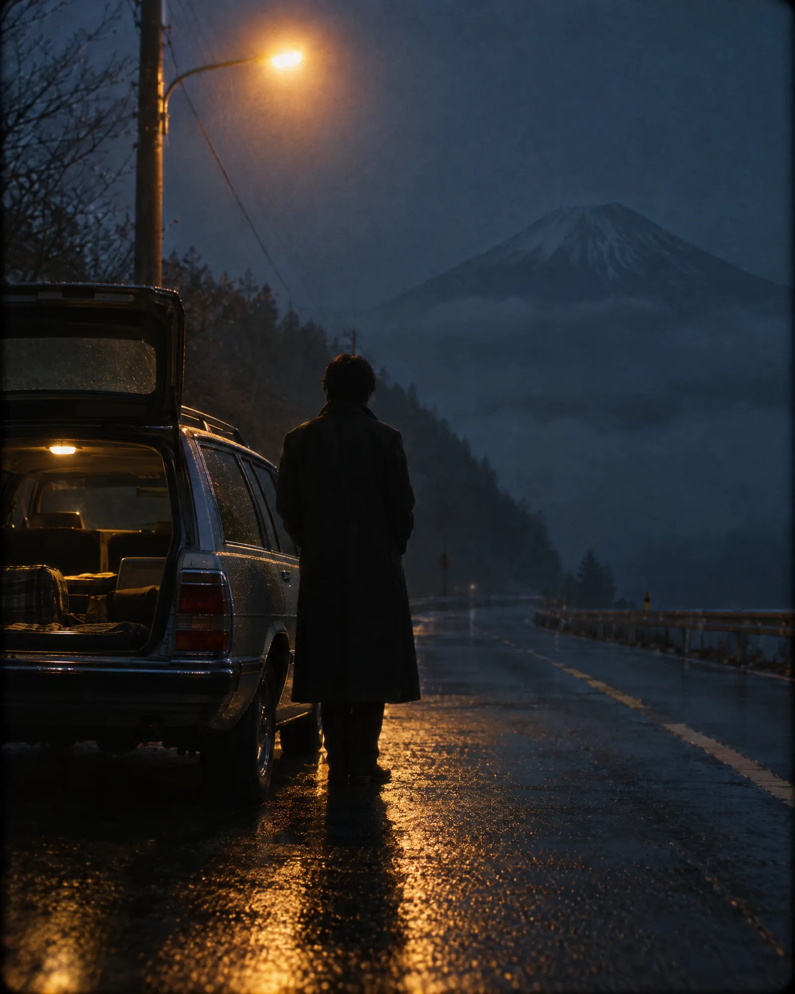 A man beside an open station wagon on a wet mountain road at night under one sodium lamp. Retro Studios reference still.