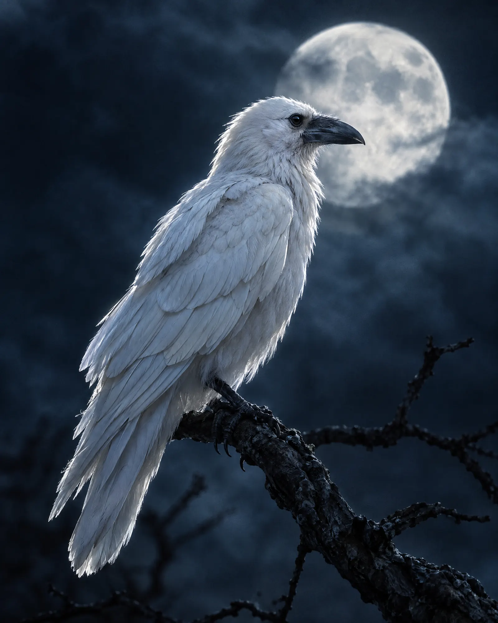 A white raven on a bare branch in front of a full moon. Retro Studios reference still.