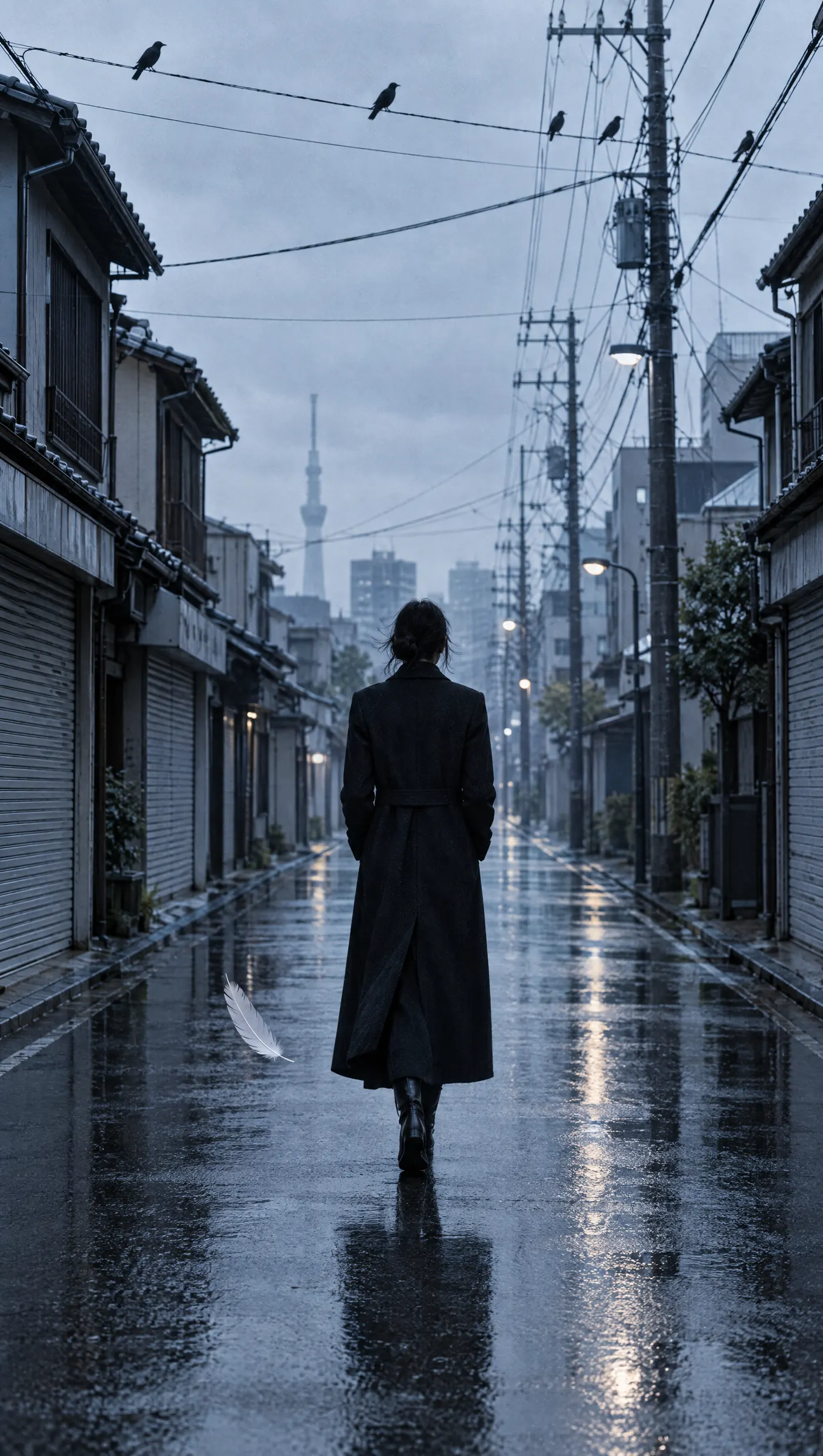A figure in a long coat walks down a wet Tokyo street at dawn, crows on the wires. Retro Studios reference still.
